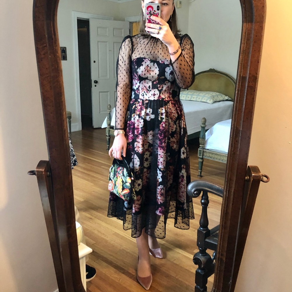 Eliza J Floral Polka Dot Mesh Overlay Dress, size 10 - Picture 4 of 16